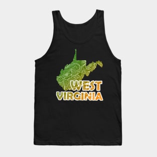 Colorful mandala art map of West Virginia with text in green and orange Tank Top